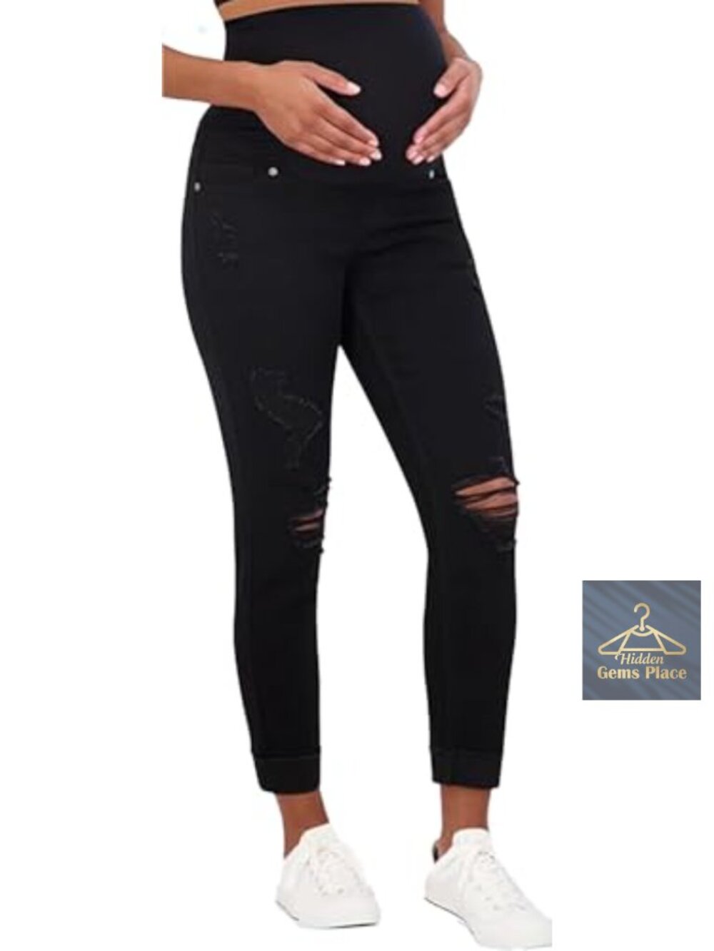 Maternity Ripped Jeans Over The Belly - High Rise Stretch Denim Pants